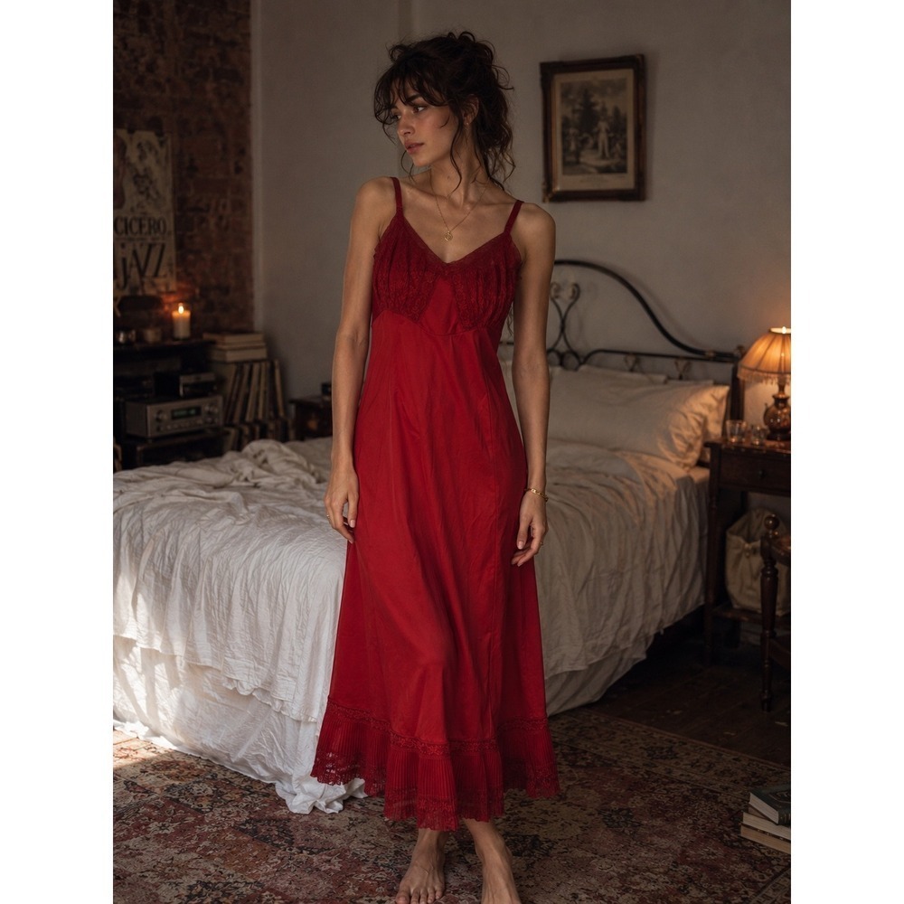 Vintage 60s‎ 36 M Full Slip Dress Red Lace Nylon Chiffon Chic Lingerie Co USA